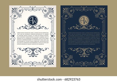 Vintage set. Greeting card with monogram logo label and frame for use banner of hotel label, spa service, business offer, wedding invitation.
