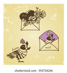Vintage set of greeting elements with birds and envelopes