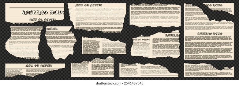 Vintage set of grunge-style newspaper clippings. Elements made of torn paper for printing works or collages. Vector.