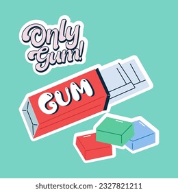 Vintage set of gum. Chewing gum with mint and pink. Stylish cartoon illustration. Chewable candies. Isolated vector objects. la stickers, banners. Antibacterial gummy, mouth freshener.Mint flavor gum