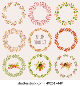 Vintage set of hand drawn autumn wreaths and laurels. Floral vector graphic. Nature design elements