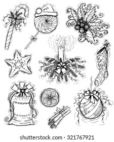Vintage set with hand drawn Christmas and New Year objects, black and white collection of silhouettes isolated on white, Christmas decorations and gifts