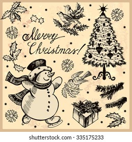 Vintage set of hand drawn Christmas pictures. Hand drawing. Vector illustration. Illustration for greeting cards, invitations, and other printing projects.