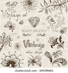 Vintage set of hand drawn decorative vector floral elements for your design.