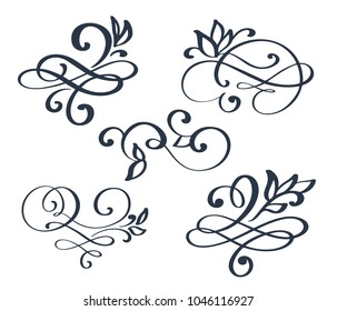 Vintage set hand drawn flourish separator Calligraphy elements symbol linked, join, passion and wedding. Template for t shirt, card, poster. Design flat element of valentine day. Vector illustration