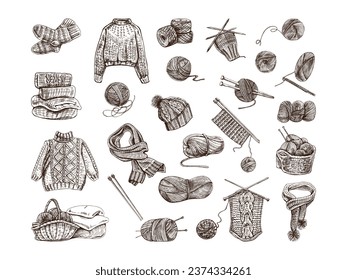 Vintage set of hand drawn knitted icons. Vector illustrations in sketch style. Handmade, sewing equipment concept in vintage doodle style. Engraving style.