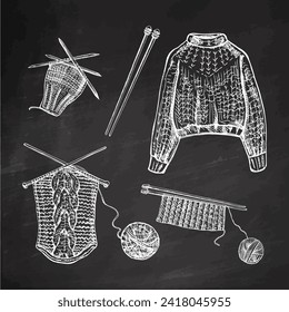 Vintage set of hand drawn knitted sweater, sock, knitting process, knitting needles icons on chalkboard background.  Handmade, sewing equipment concept in vintage doodle style. Engraving style.