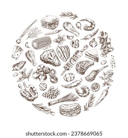 Vintage set of hand drawn monochrome  barbecue and picnic icons. Elements in circle. For the design of the menu of restaurants and cafes, grilled food. Vector illustrations in sketch style. 