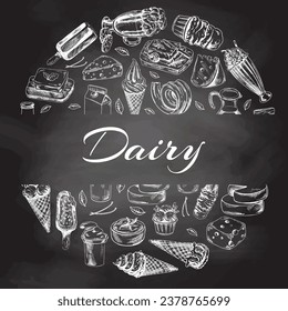 Vintage set of hand drawn monochrome dairy produce icons on chalkboard background. Elements in circle. Eco food. Sketch illustration. Engraved image. 