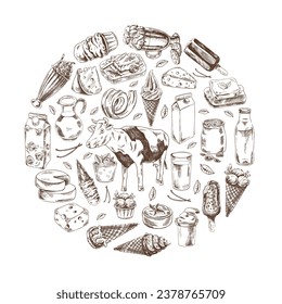 Vintage set of hand drawn monochrome dairy produce icons. Elements in circle. Eco food. Sketch illustration. Engraved image. 