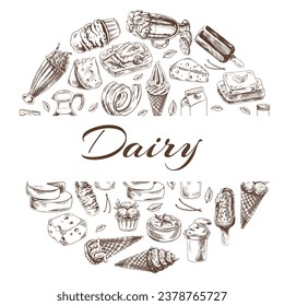 Vintage set of hand drawn monochrome dairy produce icons. Elements in circle. Eco food. Sketch illustration. Engraved image. 