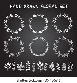 Vintage set of hand drawn rustic wreaths and floral elements. Floral vector graphic. Great for wedding and greeting cards decor 