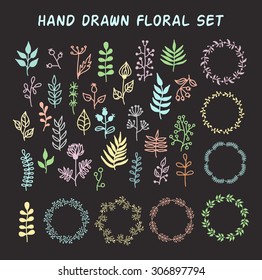 Vintage set of hand drawn rustic floral elements and wreath in pastel colors. Floral vector graphic. Great for wedding and greeting cards decor
