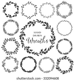 Vintage Set Of Hand Drawn Rustic Wreaths. Floral Vector Graphic. Nature Design Elements.