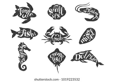 Vintage set of hand drawn sea animals. Silhouette of turtle, scallops, shrimp, fish, crab, mussel, seahorse, crampfish, dolphin with lettering. Textured monochrome vector