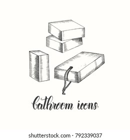 Vintage set of Hand drawn soap. Bathroom icons. Sketch. Hand made trendy lettering.