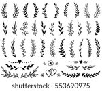 vintage set of hand drawn tree branches with leaves and flowers on white background