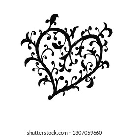 Vintage set of hand drawn tree branches with leaves and flowers on white and black background. heart, vector illustration