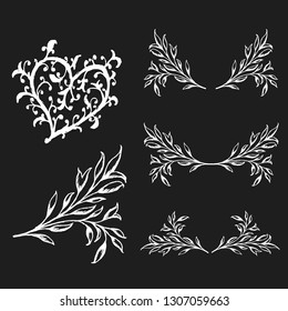 Vintage set of hand drawn tree branches with leaves and flowers on white and black background. heart, vector illustration