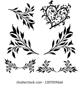 Vintage set of hand drawn tree branches with leaves and flowers on white and black background. heart, vector illustration