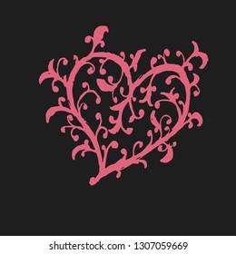 Vintage set of hand drawn tree branches with leaves and flowers on white and black background. heart, vector illustration
