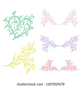Vintage set of hand drawn tree branches with leaves and flowers on white and black background. heart, vector illustration
