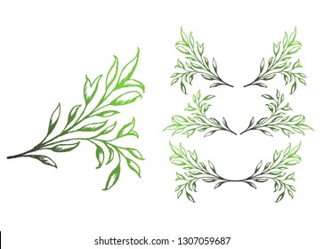 Vintage set of hand drawn tree branches with leaves and flowers on white and black background. heart, vector illustration