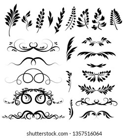 vintage set of hand drawn tree branches with leaves and flowers on white background