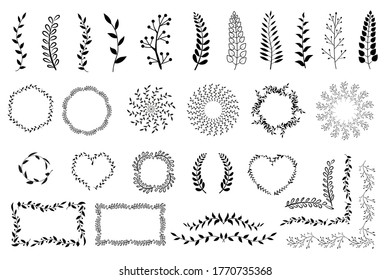 vintage set of hand drawn tree branches with leaves and flowers on white background