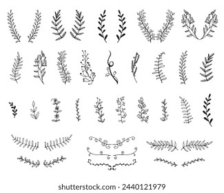 Vintage set of hand drawn tree branches with leaves and flowers on white background