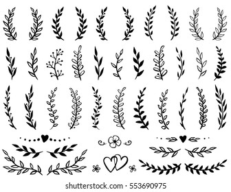 vintage set of hand drawn tree branches with leaves and flowers on white background - Shutterstock ID 553690975