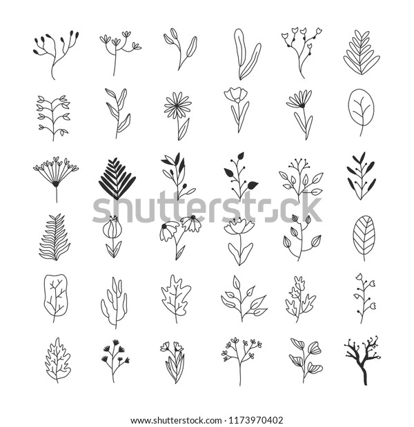 Vintage set of hand drawn\
tree branches with leaves and flowers on white background. Vector\
illustration