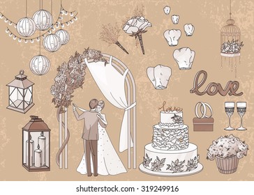 Vintage set of hand drawn wedding elements - string of lights, lanterns, flowers, candles, cake, rings, glasses, bride and groom in pastel brawn tones