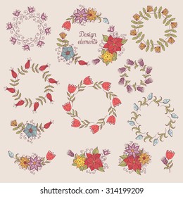 Vintage set of hand drawn wreaths and laurels. Floral vector graphic. Nature design elements.