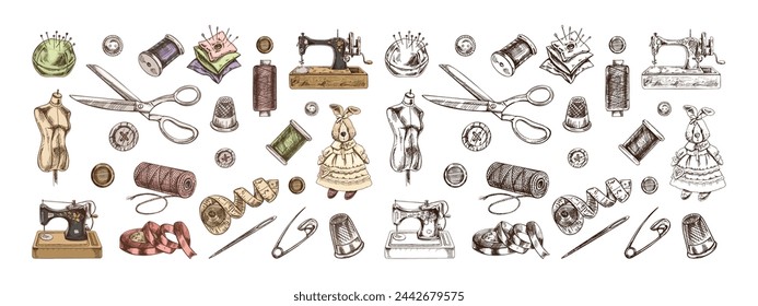 Vintage set of hand-drawn colored and monochrome sewing icons. Vector illustrations in sketch style. Handmade, sewing equipment concept in vintage style. Engraving style.