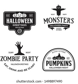 Vintage set of happy halloween vintage badges, emblems and labels. Halloween party templates with pumpkin, zombie, scarecrow. Vector illustration.
