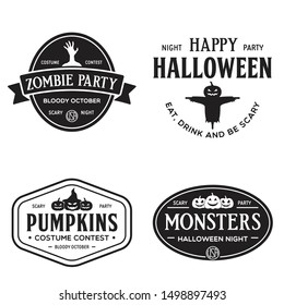 Vintage set of happy halloween vintage badges, emblems and labels. Halloween party templates with pumpkin, zombie, scarecrow. Vector illustration.