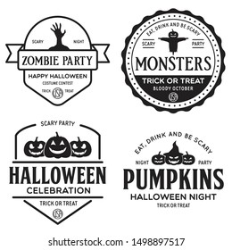 Vintage set of happy halloween vintage badges, emblems and labels. Halloween party templates with pumpkin, zombie, scarecrow. Vector illustration.
