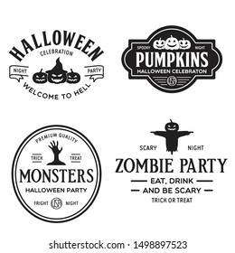 Vintage set of happy halloween vintage badges, emblems and labels. Halloween party templates with pumpkin, zombie, scarecrow. Vector illustration.