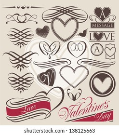Vintage set of heart design elements. Retro calligraphy collection for wedding invitations. Vector set of love symbols for Valentine's Day.