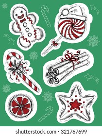 Vintage set with holiday objects on green, Christmas and New Year design collection with hand drawn elements