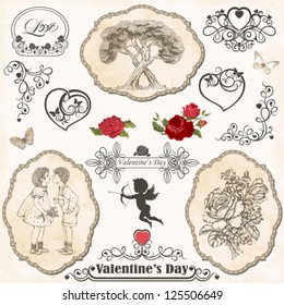 Vintage set of holiday symbols by St. Valentine's Day