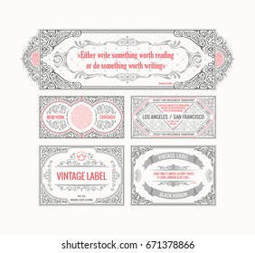 Vintage set horizontal retro cards. Template greeting card wedding invitation. Line calligraphic frames. Floral engraving design labels advertising place for text. Flourishes frame background