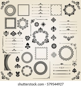 Vintage set of horizontal, square and round elements. Different vector elements for decoration and design frames, cards, menus, backgrounds and monograms. Classic patterns. Set of vintage patterns