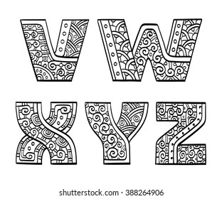 Vintage set of initial letters. Hand drawn vector illustration. Five letters of the ethnic patterned alphabet. Isolated on white background.