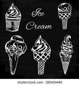 Vintage set of ink hand drawn illustration. Ice cream icon chalkboard set.