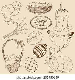 Vintage set of isolated sketch Easter icons