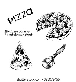 vintage set items of hand drawn pizza, vector illustration