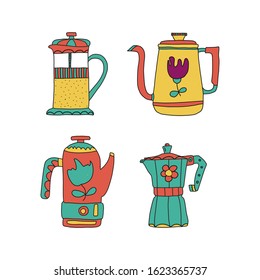 Vintage set of kettle for tea. Hand drawn typography elements. Moody sky abstract background.