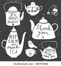 Vintage set of kettle for tea. Hand drawn typography elements.  Moody sky abstract background.